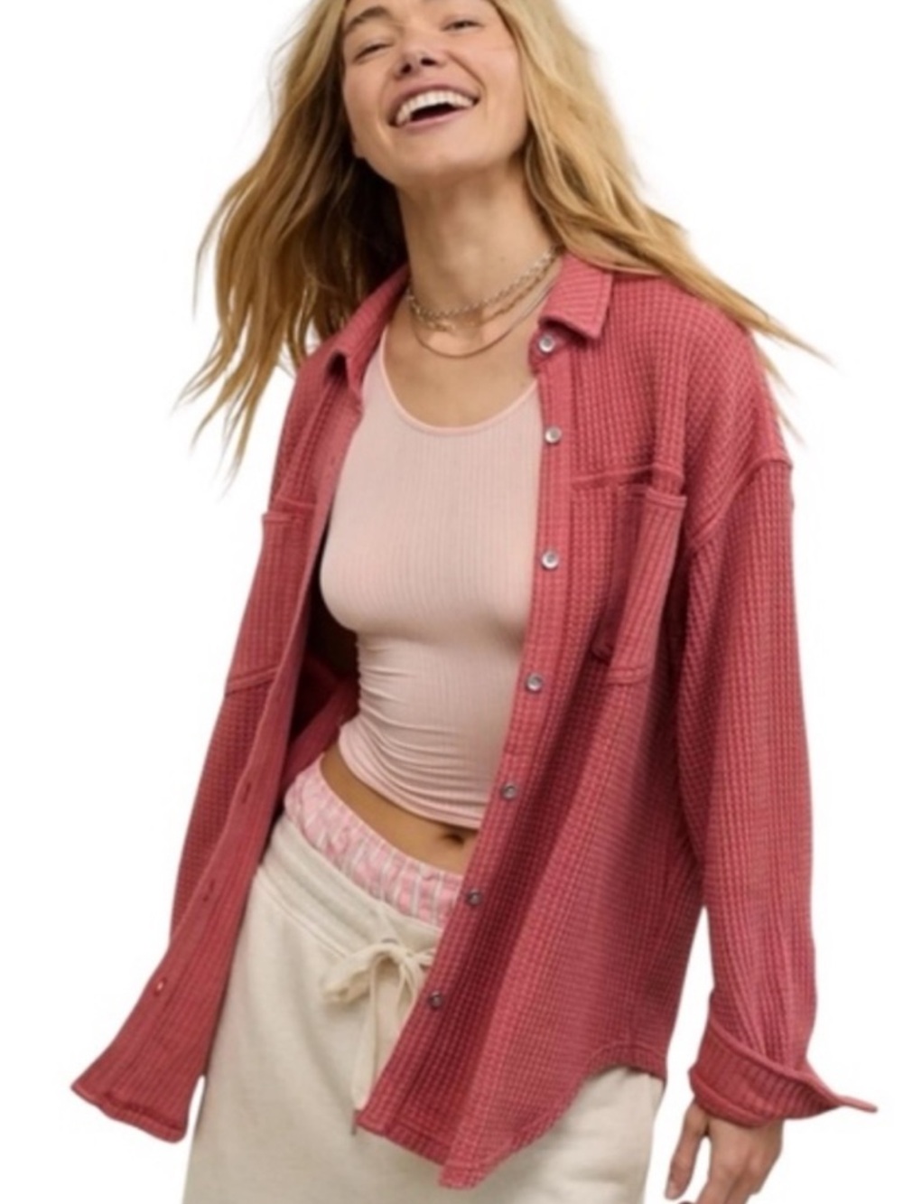 Aerie Mauve Anytime Fave Waffle Button Down Shirt XXL